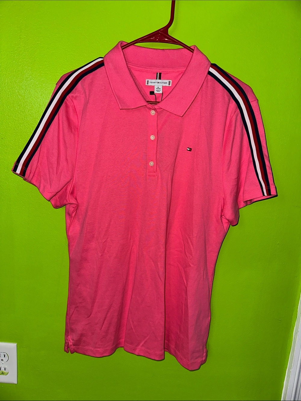 Tommy Hilfiger Hot Pink Polo with Tricolor Shoulder Stripes